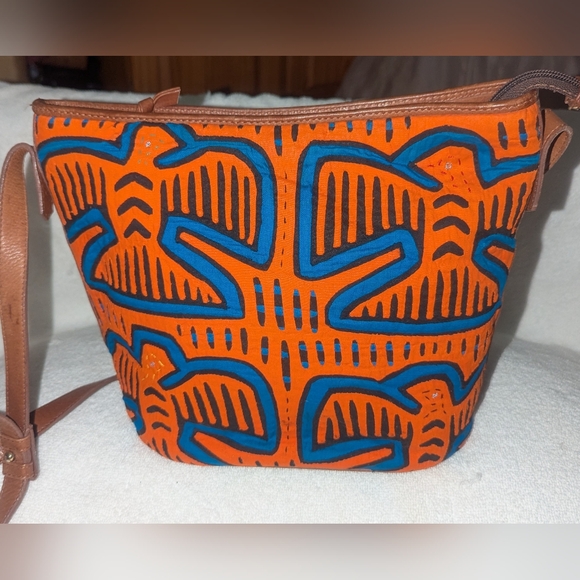 Mola Handbags - Vibrant Orange and Blue Mola Textile Bag With Leather Details.
